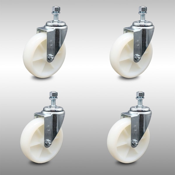 5 Inch SS Nylon Wheel Swivel 10mm Threaded Stem Caster Set